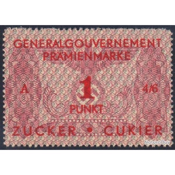 Generalgouvernement 1942 environ Timbre Premium, 1 point Zucker / Cukier. Allemagne nazi. 3rd reich