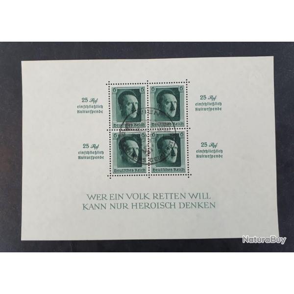 German stamps 3rd reich. Bloc 4 timbres Allemagne Hitler. Fond culturel, 1937. Tampon anniversaire