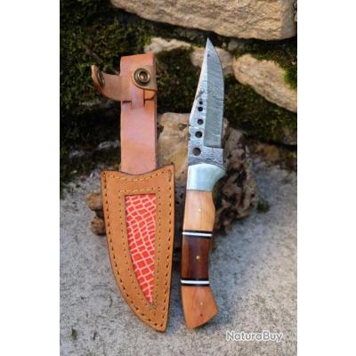 Couteau de Chasse Lame Damas 256 Couches Manche Os Garde Damas Etui Cuir  DM1051HN - Livraison Gratuite