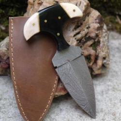 Push Dagger Lame Acier Damas 256 Couches Double Tranchant Manche Os/Corne Etui Cuir Fabr Artisanale