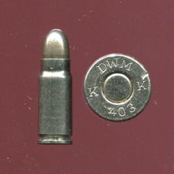 7.63 Mauser - inerte manipulation - marquage DWM K 403 K - toute nickelée, balle vide, fausse amorce