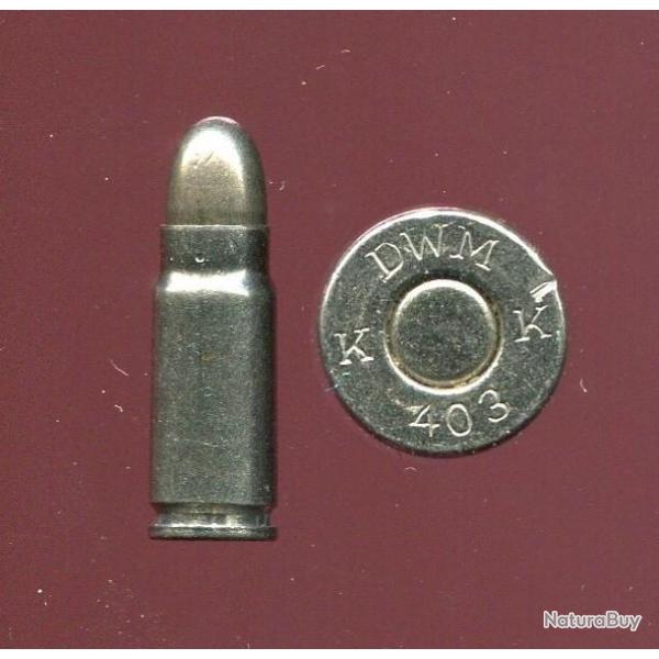 7.63 Mauser - inerte manipulation - marquage DWM K 403 K - toute nickele, balle vide, fausse amorce