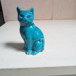 statuette chat en ceramique XIXème émaillé turquoise hauteur 8 cm