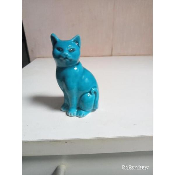 statuette chat en ceramique XIXme maill turquoise hauteur 8 cm