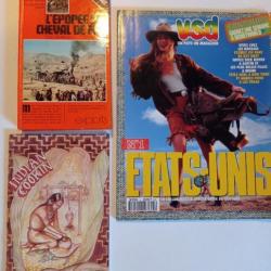 Lot de 3 livres magazines sur le western: VSD états unis, l'épopée du cheval de fer, Indian cooking