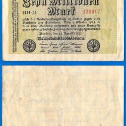 Allemagne 10 Millions de Mark 1923 Reichsbanknote Billet Uniface