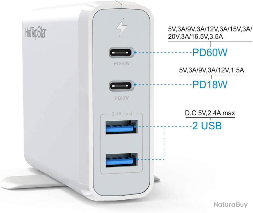 Multiprise Chargeur Puissant 60W/18W Adaptateur Voyage USB USB-C Recharge  Rapide BLANC - Rallonge électrique (11012290)