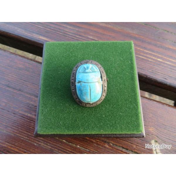 Ancien Pendentif-Broche dcors antiques d'gypte,argent & pierre scarabe turquoise (Vers 1920-30)