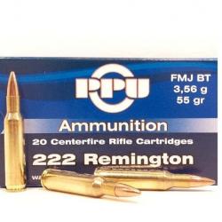 Cartouches PPU Calibre 222 REMINGTON 55grs FMJ BT - Boite de 20 unités