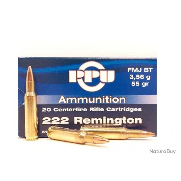 Cartouches PPU Calibre 222 REMINGTON 55grs FMJ BT - Boite de 20 units