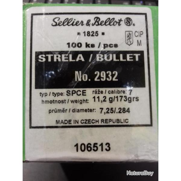 Ogives SELLIER & BELLOT Cal. 7mm .284 SPCE 173 grs - 2932 - boite de 100 units