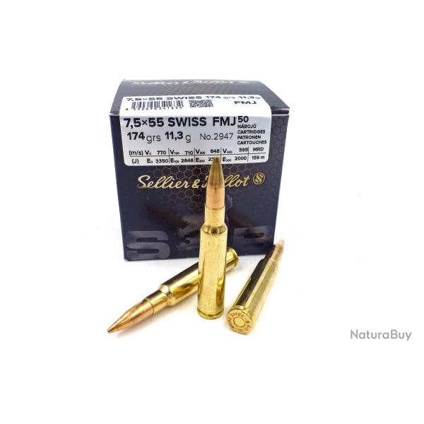 Cartouches SELLIER & BELLOT Calibre 7,5x55 SUISSE FMJ 174grs - Boite de 50 units