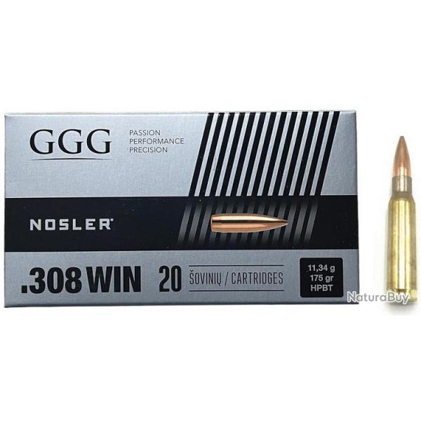 Cartouches GGG cal.308 Win HPBT Match 175 grs - Ogive NOSLER Boite de 20 cartouches