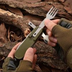Couteau pliant 7 en 1, fourchette, cuillère, tire bouchon, acier inoxydable, outdoor, camping,...