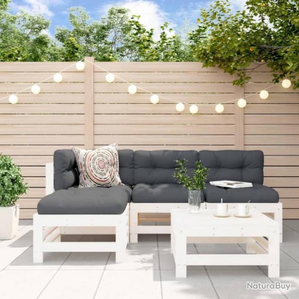 Salon de jardin 5 pcs avec coussins blanc bois massif