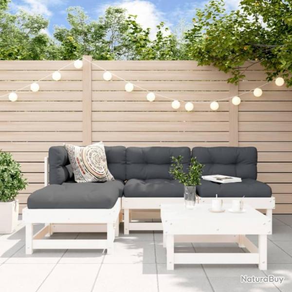 Salon de jardin 5 pcs avec coussins blanc bois massif