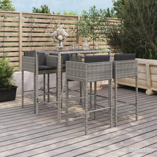 Ensemble de bar de jardin 5 pcs avec coussins gris poly rotin