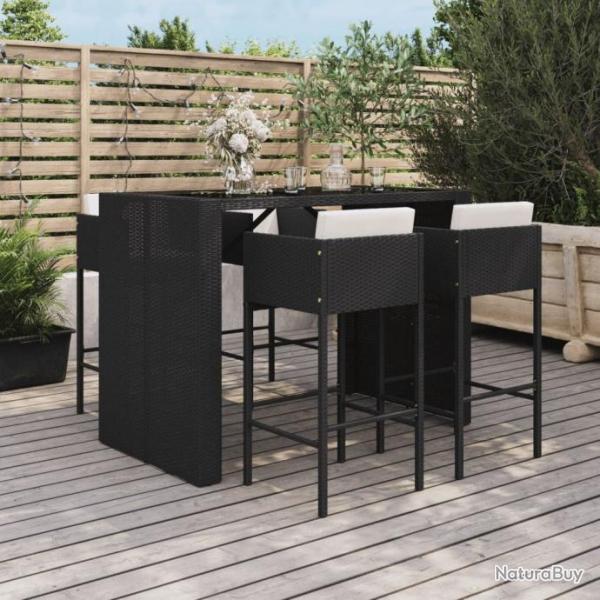 Ensemble de bar de jardin 5 pcs avec coussins noir poly rotin