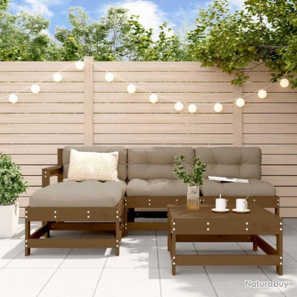 Salon de jardin 5 pcs avec coussins marron miel bois massif