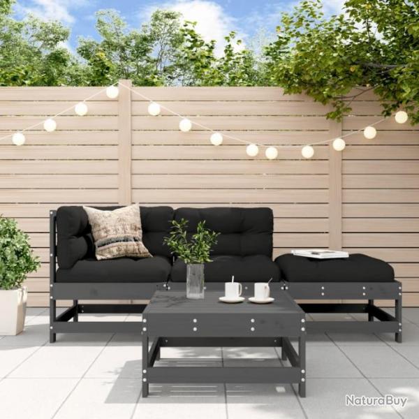 Salon de jardin 4 pcs avec coussins gris bois massif