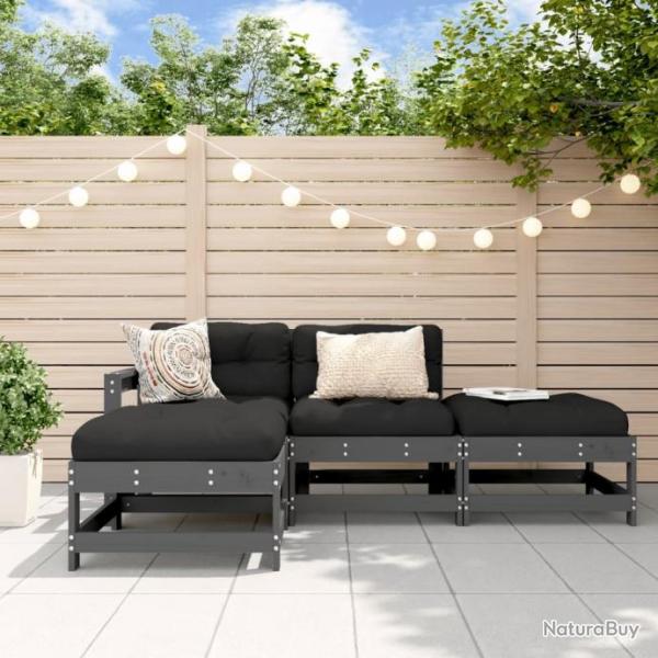 Salon de jardin 4 pcs avec coussins gris bois massif