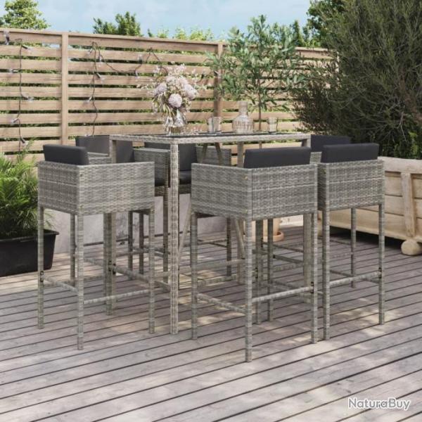 Ensemble de bar de jardin 7 pcs avec coussins gris poly rotin