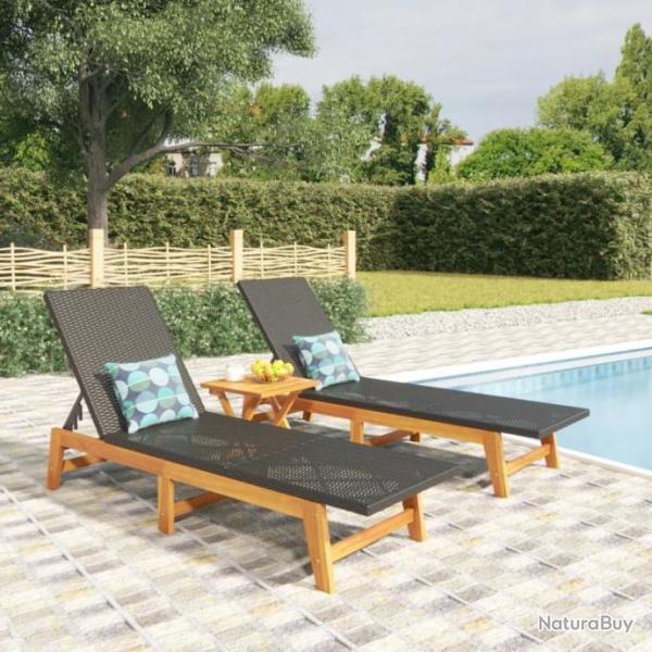 Chaises longues 2 pcs noir/marron rsine tresse/bois d'acacia