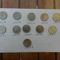 lot de 11 pièces de 1 franc année 1968 à 1978