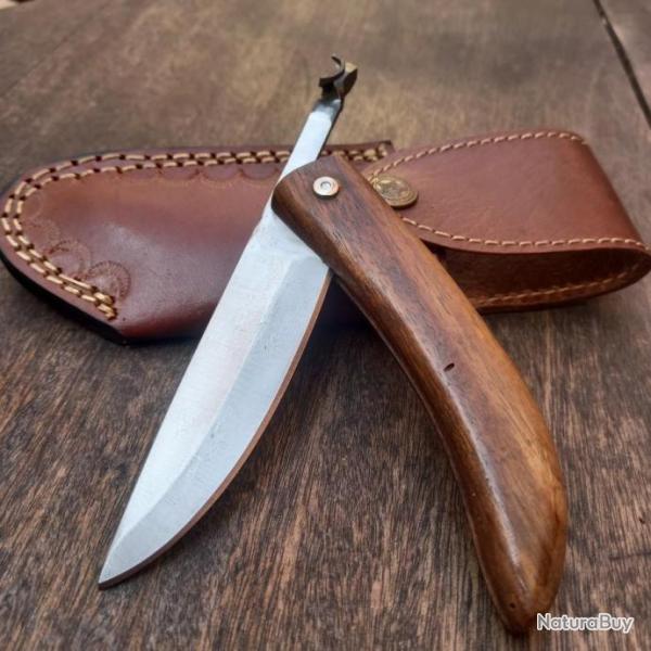 Couteau Artisanal Pimontais Tte de Blier Forg Manche en Noyer avec tui en cuir