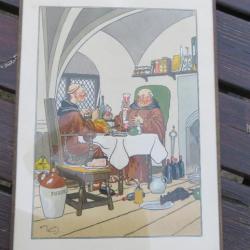 VINTAGE - Lithographie Coloriée au Pochoir «Le repas des Moines»Signée Harry Eliott (1882-1959)(XXé)