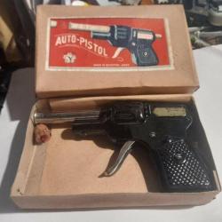Ancien rare jouet Pistolet à bouchon tôle AUTO-PISTOL + Boîte Yonezawa 1948
