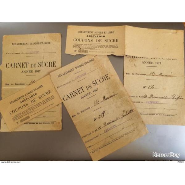 1917 CARNETS DE SUCRE TICKETS DE RATIONNEMENT GUERRE WW1 CHDIGNY INDRE ET LOIRE