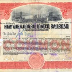 NEW-YORK - chemin de fer - consolidated railroad. Action de 100 dollars. 1913