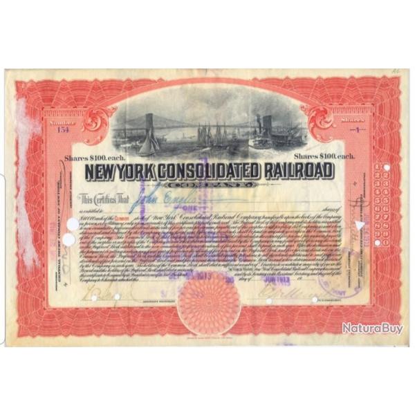 NEW-YORK - chemin de fer - consolidated railroad. Action de 100 dollars. 1913