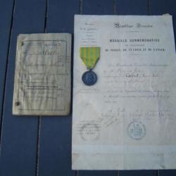 médaille commémorative  de l'expedition du tonkin,chine,annam + certificat livret classe 1878
