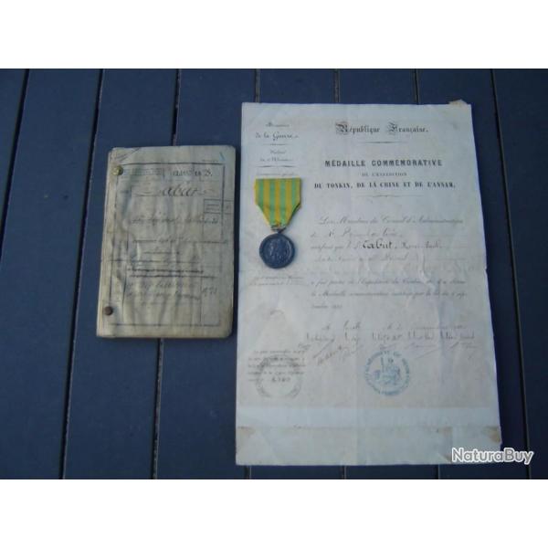 mdaille commmorative  de l'expedition du tonkin,chine,annam + certificat livret classe 1878