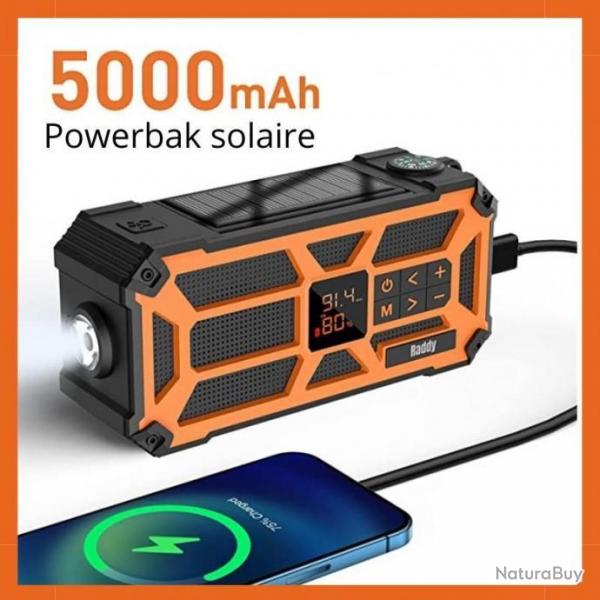 Radio d'urgence solaire et  manivelle - Chargeur 5000 mAh - Etanche IPX5 - LIVRAISON GRATUITE