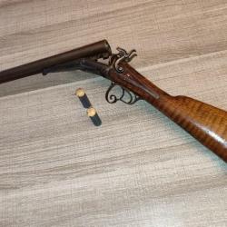 CAT D joli fusil coach gun canon court jaspé 16 à broche,canon damas Javelle Magant + 2 cartouches