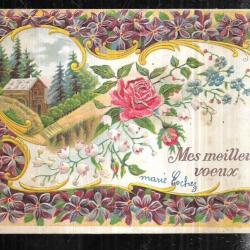 mes meilleurs voeux , chalet-moulin, rose  carte postale ancienne