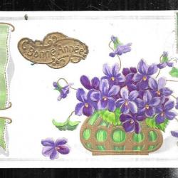 bonne année pot de violette carte postale ancienne