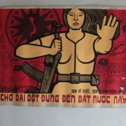 Affiche gouache propagande guerre Vietnam contre l'intervention international