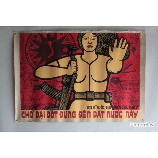 Affiche gouache propagande guerre Vietnam contre l'occident