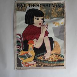 Affiche gouache propagande guerre Vietnam lutte contre la faim