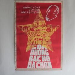 Affiche gouache propagande guerre Vietnam Indépendance Oncle Ho