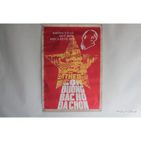 Affiche gouache propagande guerre Vietnam Indpendance Oncle Ho