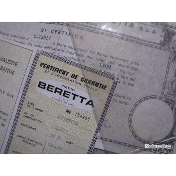 Certificat de garantie pour Beretta S56E calibre 20
