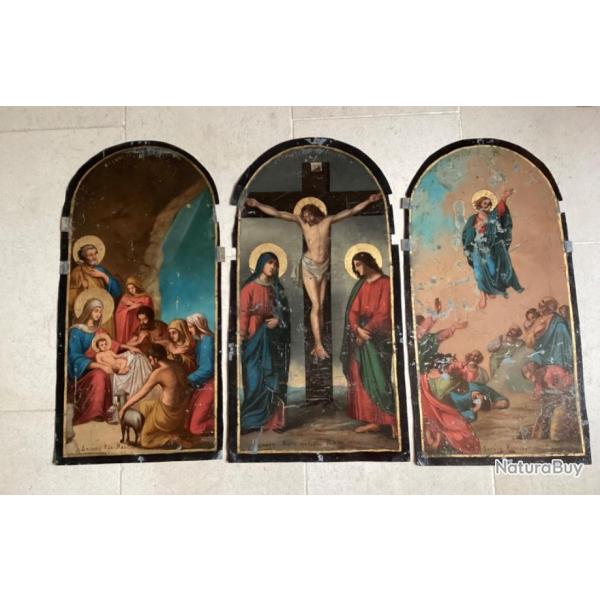 Magnifique ancien Triptyque Religieux huile sur zinc 1898