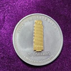 Monnaie : Nauru 10 dollar, 2006. Argent, tour de Pise plaquée or (tirage 2000 exemplaires)