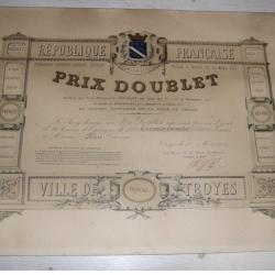 VILLE DE TROYES DIPLÔME PRIX DOUBLET 1883