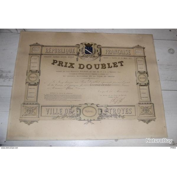 VILLE DE TROYES DIPLME PRIX DOUBLET 1883